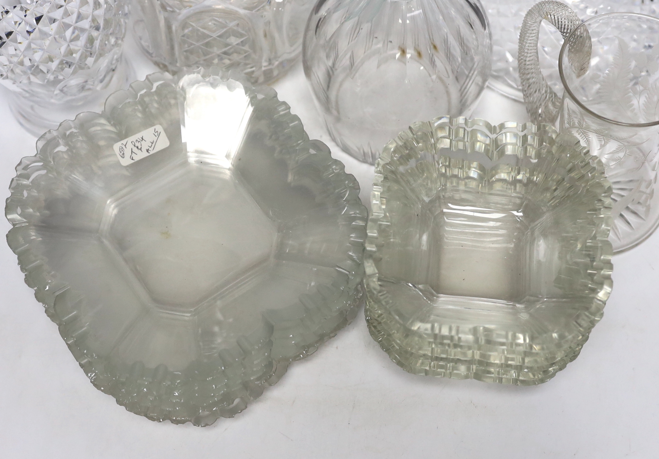 Antique and later glassware including four decanters, dishes and etched vase, largest 33cm high